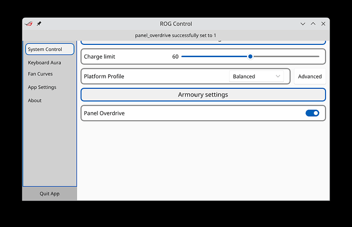 ROG control center window with armoury settings available